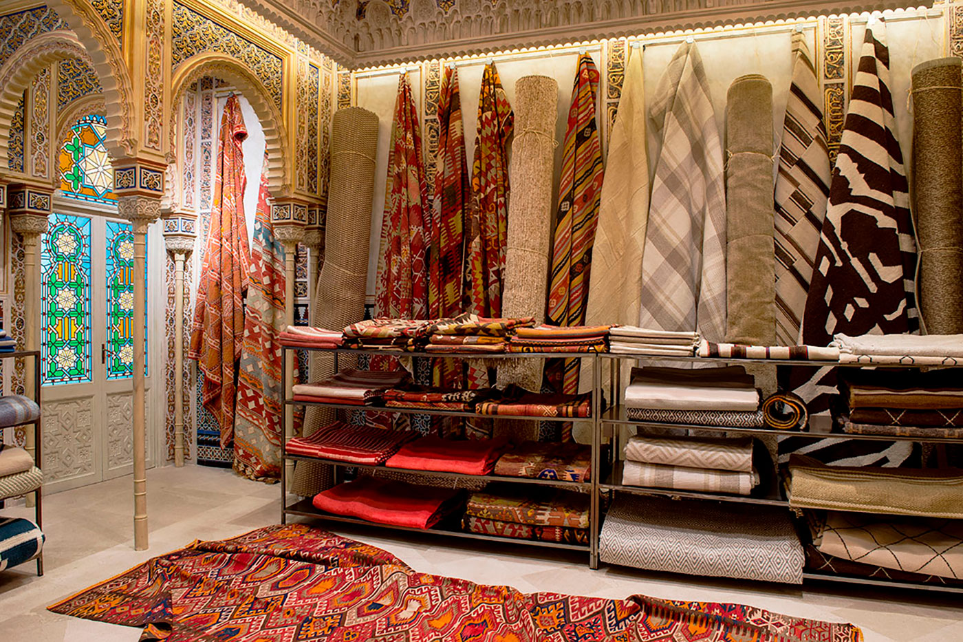 High-end fabrics and rugs for home interiors.